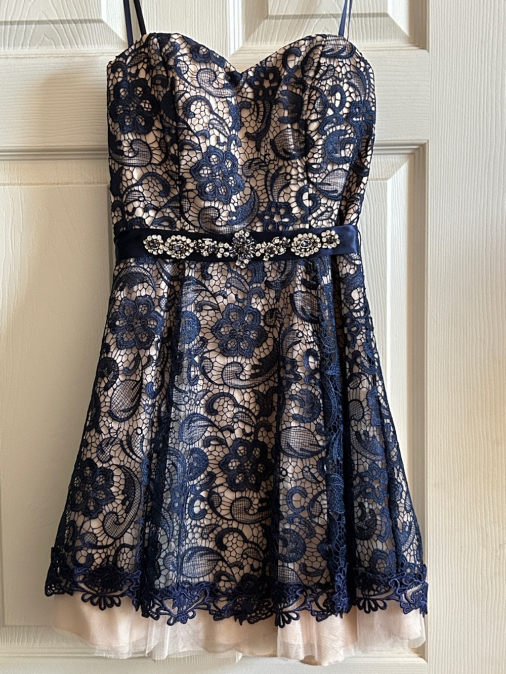 B Darlin Navy Lace & Nude Lined Formal Party Dress with Rhinestone Belt